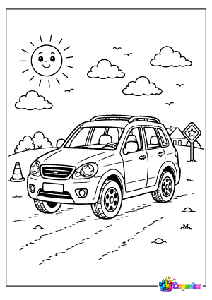 Easy car coloring page for kids with a sunny road scene