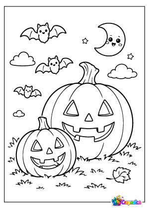 Halloween Pumpkin Coloring Page with Jack-o-Lanterns and Bats