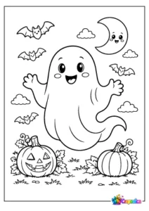 Alt Text:
Friendly Ghost Coloring Page with Pumpkins, Bats, and Moon