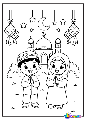 Eid Fitri Coloring Page for Kids with Two Children and Mosque