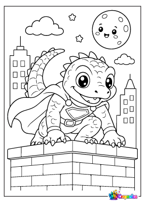 Cartoon Lizard Superhero Coloring Page on a City Rooftop