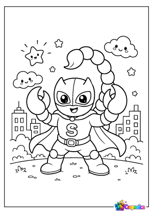Alt Text: Scorpion Superhero Coloring Page with Cape and Curled Tail