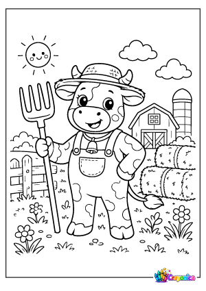 Farmer Cow Coloring Page for Kids with Barn and Hay Bales