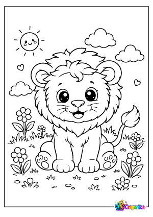 Baby Lion Coloring Page for Kids Sitting Among Flowers
