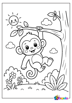 Baby Monkey Hanging on Tree Coloring Page