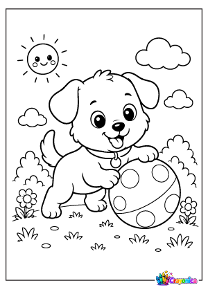 Cute Puppy Playing Ball Coloring Page