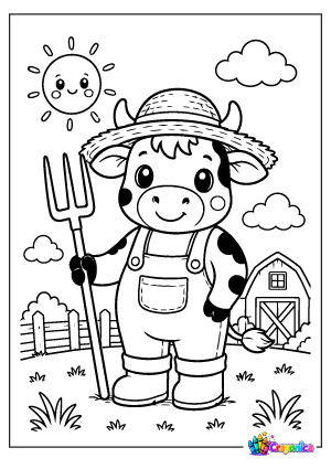 Farmer Cow with Straw Hat Coloring Page for Kids