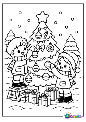 Kids Decorating Christmas Tree Coloring Page