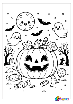 Cute Pumpkin Halloween Coloring Page with Bats and Friendly Ghosts