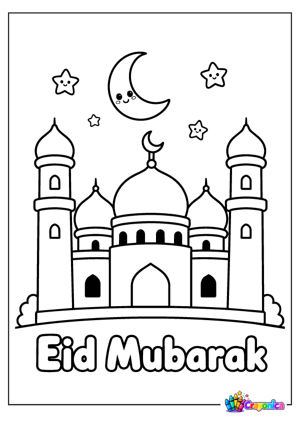 041. cute-mosque-eid-mubarak-coloring-page Cute Mosque Eid Mubarak Coloring Page with Crescent Moon and Stars