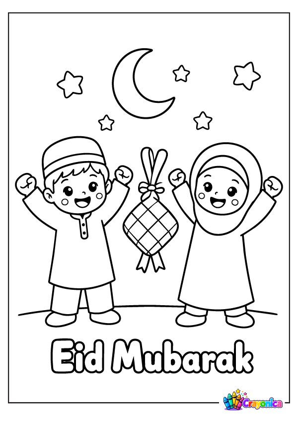 Kids Celebrating Eid Mubarak Coloring Page with Ketupat and Crescent Moon