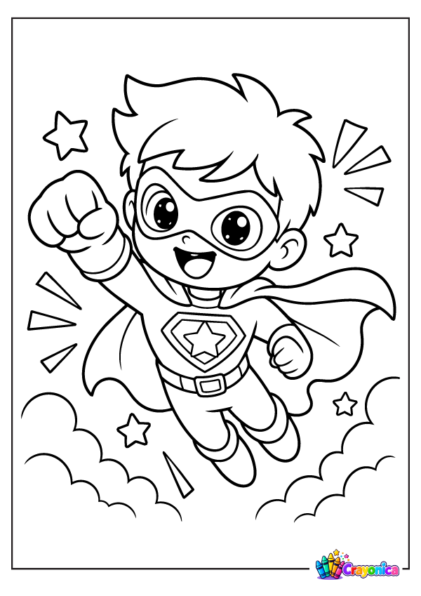Cute Cartoon Boy Superhero Coloring Page Flying with Cape