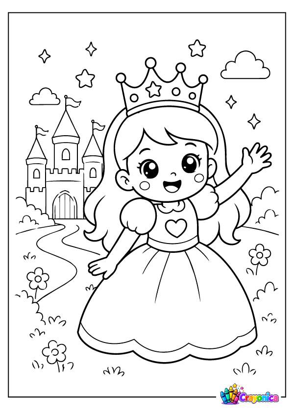 Cute Cartoon Girl Princess with Crown Coloring Page