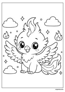 Cute baby phoenix coloring page with simple kawaii fantasy bird design for kids