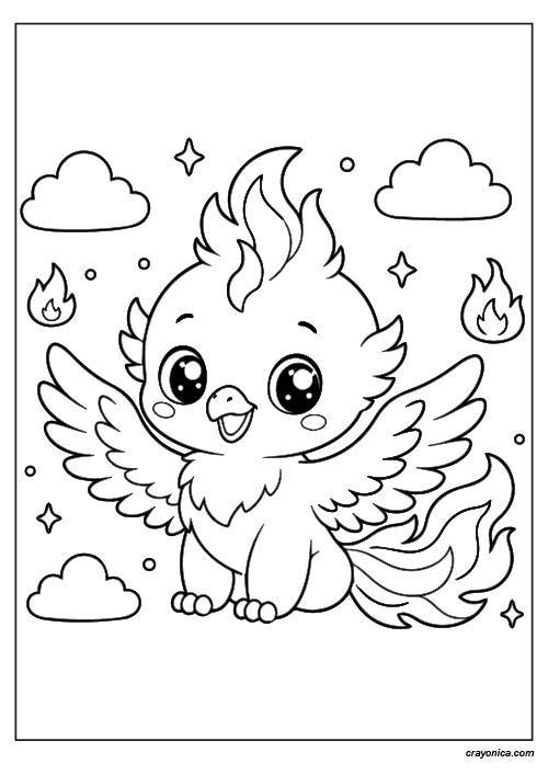 Cute baby phoenix coloring page with simple kawaii fantasy bird design for kids