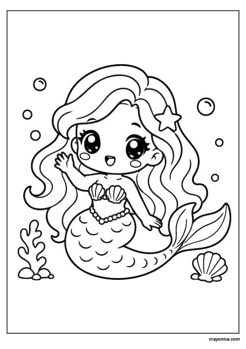 Cute chibi mermaid coloring page with bold outlines and simple kawaii design for kids