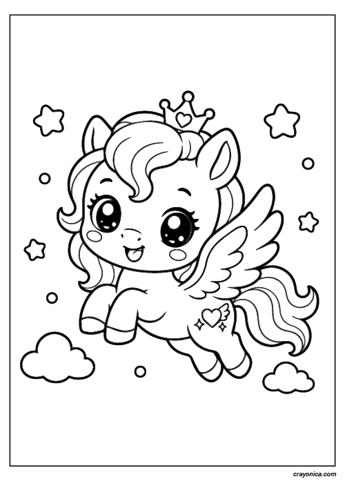 Cute tiny pegasus coloring page with bold outlines and kawaii fantasy style for kids