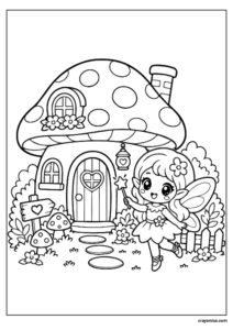Cute mushroom house fairy coloring page with bold outlines and kawaii fantasy style for kids