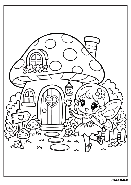 Cute mushroom house fairy coloring page with bold outlines and kawaii fantasy style for kids