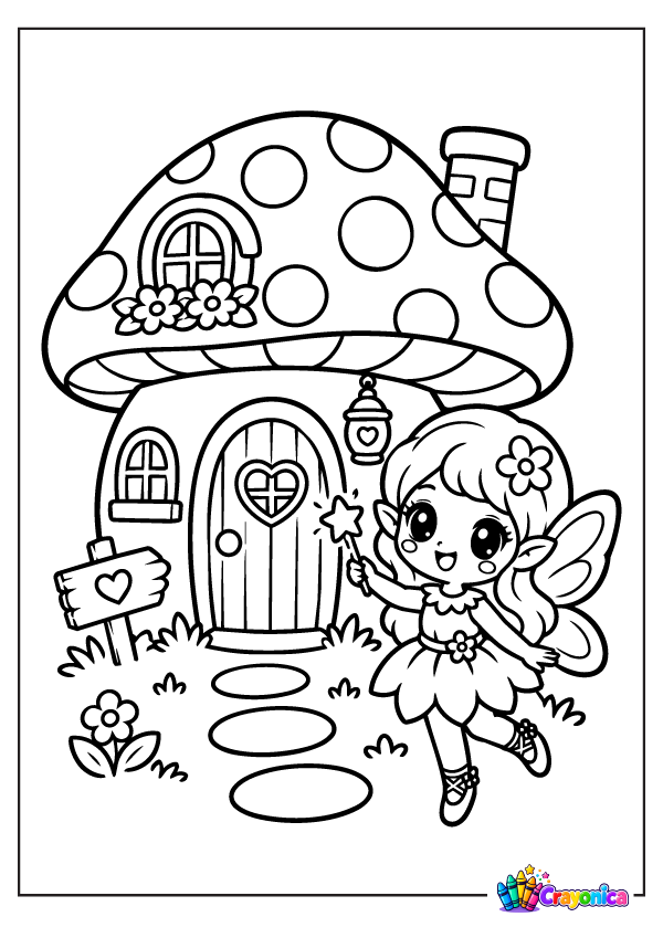 Mushroom House Fairy Coloring Page