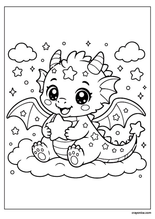 Cute star dragon coloring page with bold outlines and kawaii fantasy style for kids