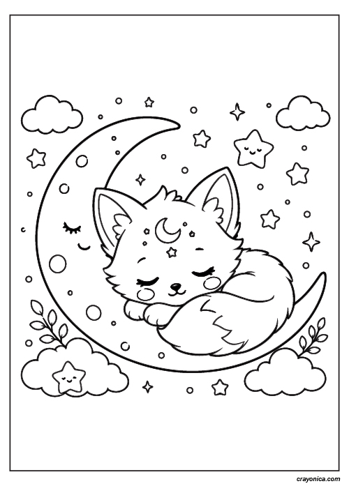 Cute baby moon fox coloring page with bold outlines and kawaii fantasy style for kids
