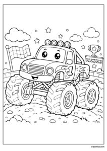 Cute monster truck coloring page with bold outlines and kawaii vehicle style for kids