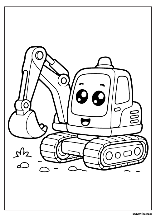 Cute baby excavator coloring page with bold outlines and kawaii construction vehicle style for kids