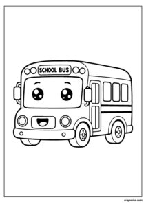 Cute happy school bus coloring page with bold outlines and kawaii vehicle style for kids