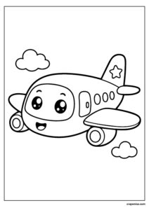 Cute airplane coloring page with bold outlines and kawaii vehicle style for kids