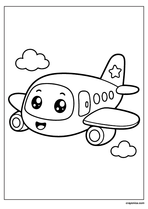 Cute airplane coloring page with bold outlines and kawaii vehicle style for kids