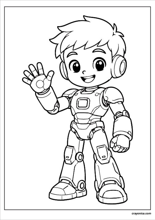 cute robot human coloring page for kids with thick bold outlines