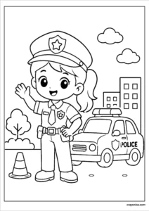 cute police officer girl coloring page for kids