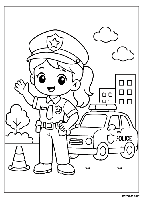 cute police officer girl coloring page for kids