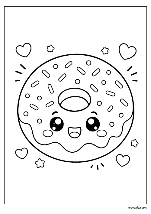 Cute kawaii donut coloring page with smiling face