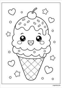 Cute kawaii ice cream coloring page with smiling face