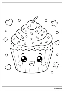 Cute kawaii cupcake coloring page with smiling face