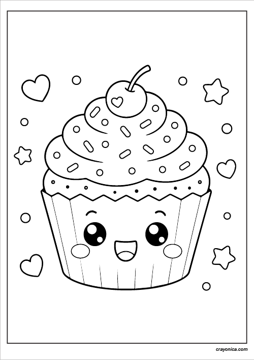 Cute kawaii cupcake coloring page with smiling face