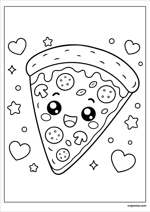 Cute smiling pizza coloring page with kawaii face