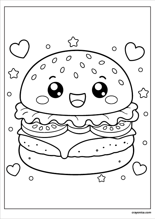 Cute happy burger coloring page with kawaii face