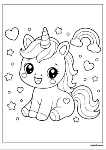 Kawaii unicorn coloring page with smiling face