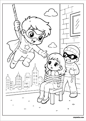 Superhero rescue coloring page with a brave hero saving the day