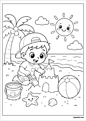 Summer beach coloring page with a fun seaside scene