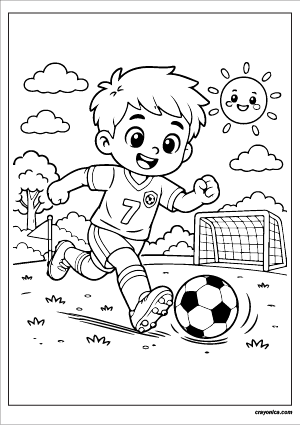 Cute boy playing soccer coloring page