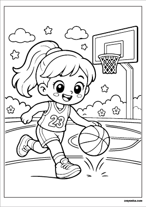 Cute girl playing basketball coloring page