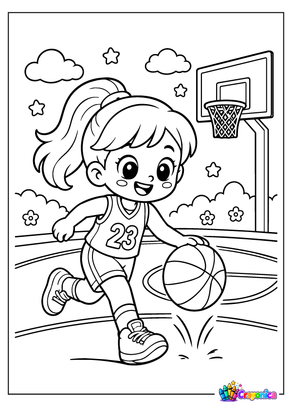 Cute Girl Playing Basketball Coloring Page