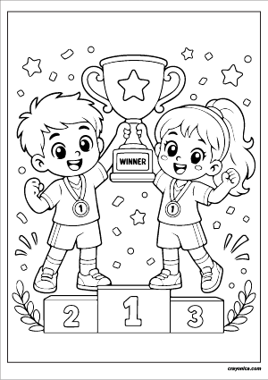Kids holding a winner trophy coloring page with medals