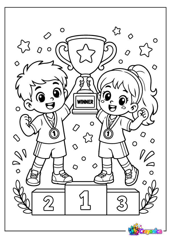 Kids Holding Winner Trophy Coloring Page