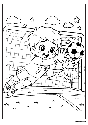 Cute boy goalkeeper coloring page with soccer goal