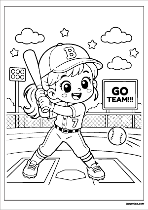 Cute girl playing baseball coloring page with bat